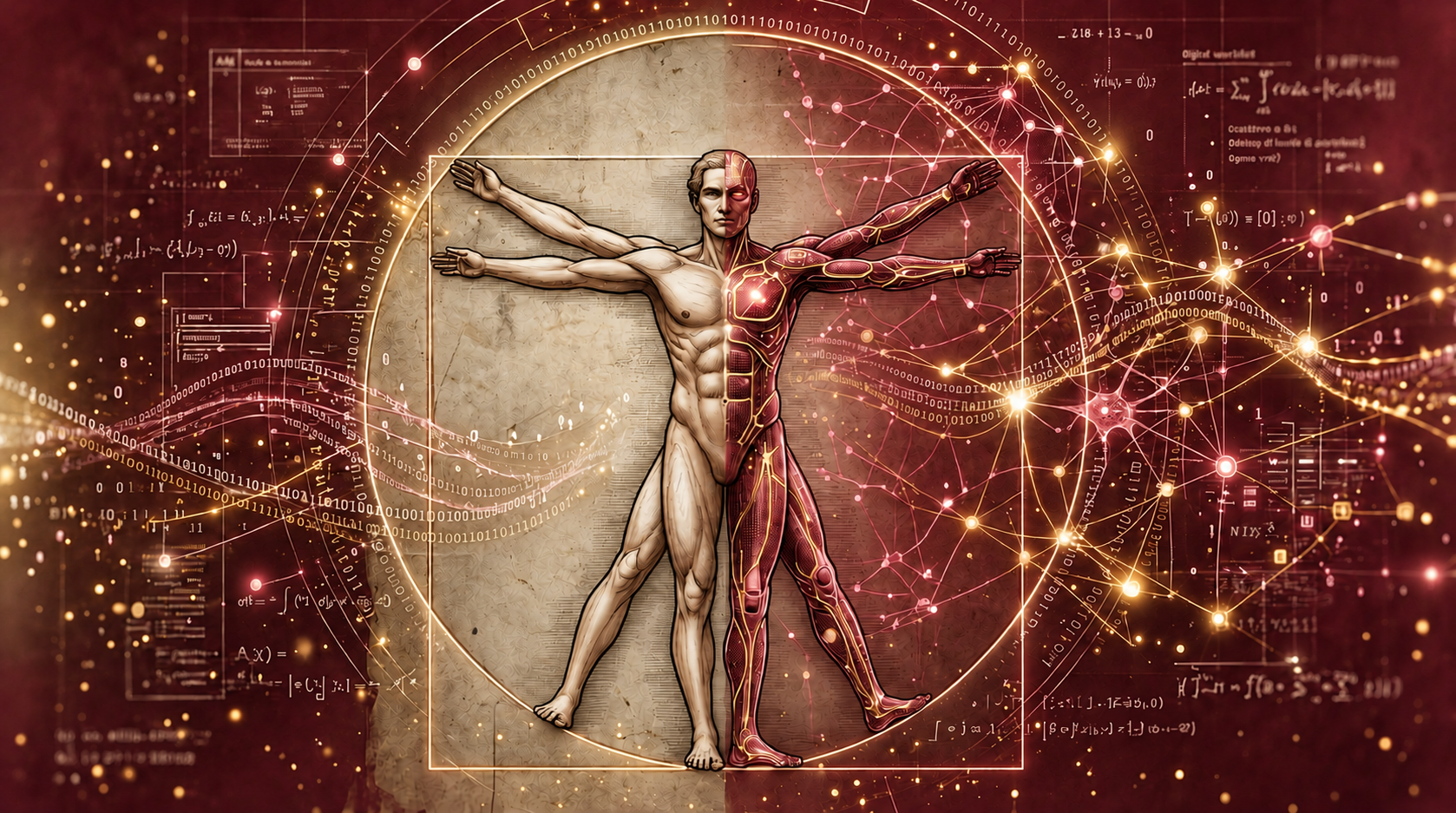 User-selected Vitruvian human and AI artwork in burgundy